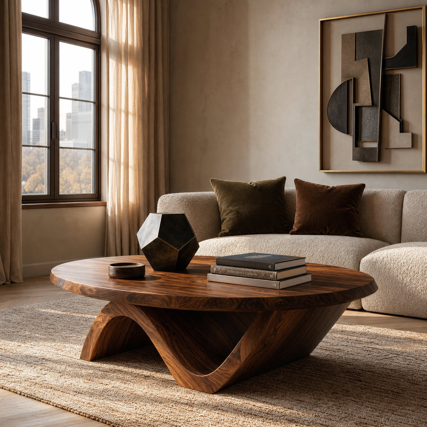 Sculptural Round Coffee Table With Curved Base For Home Decor