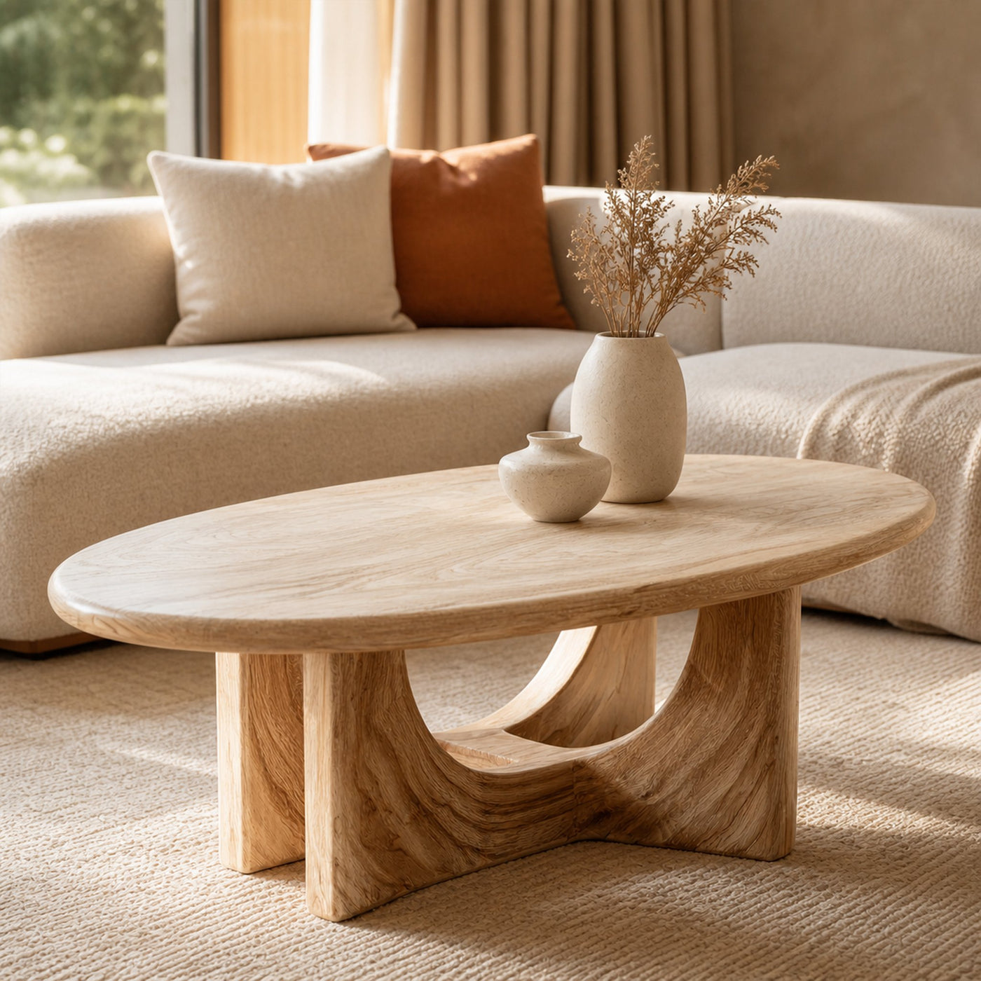 Serene Sculptural Solid Wood Coffee Table Flowing Base Natural Harmony Modern Living Room Interior