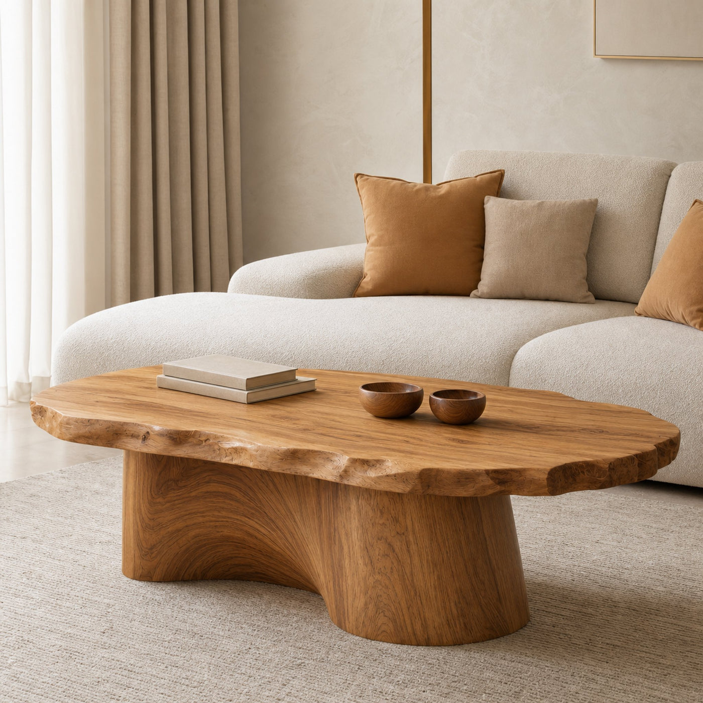 Soft Edge Organic Solid Wood Coffee Table Sculpted Base Serene Modern Living Room Interior