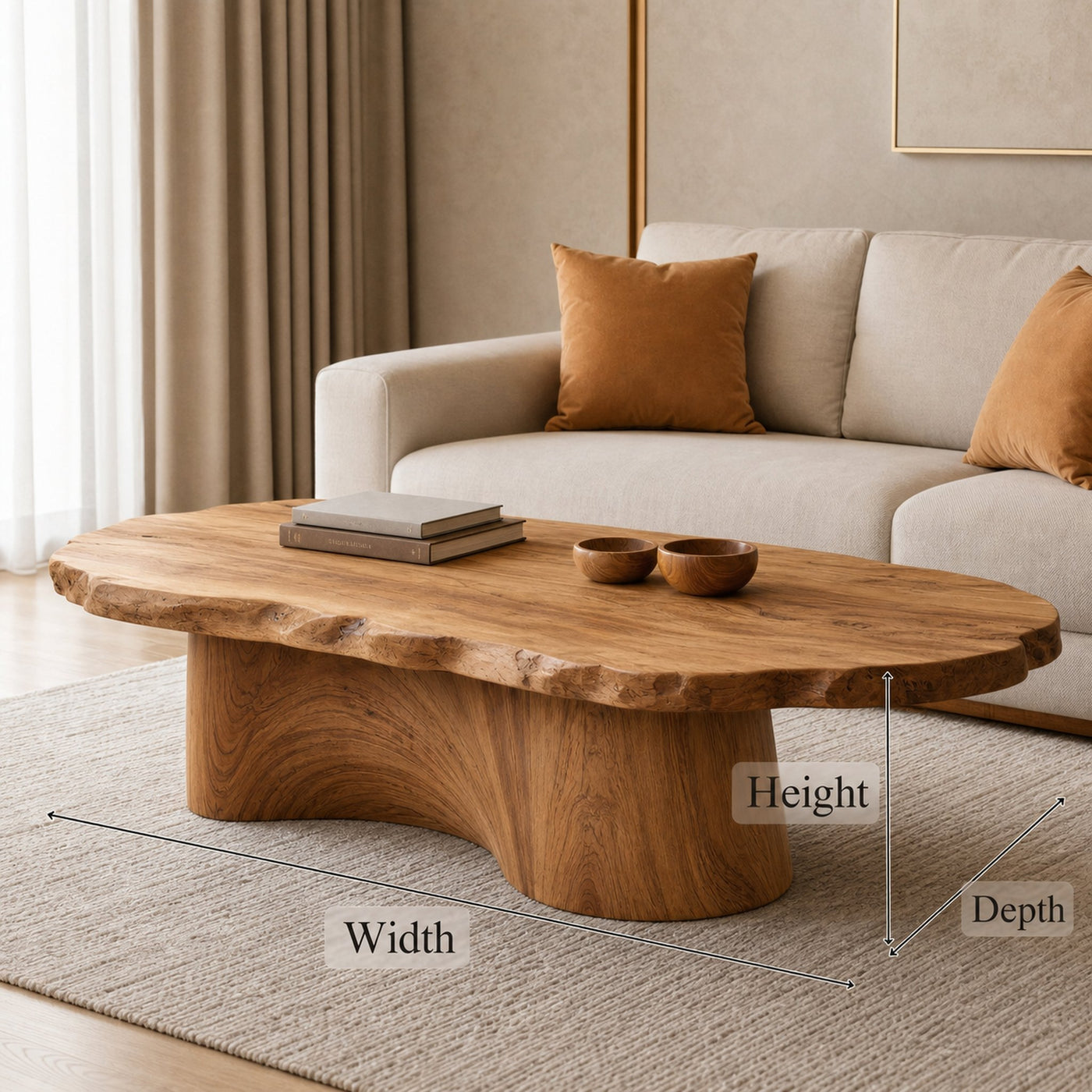 Soft Edge Organic Solid Wood Coffee Table Sculpted Base Serene Modern Living Room Interior - product view 6