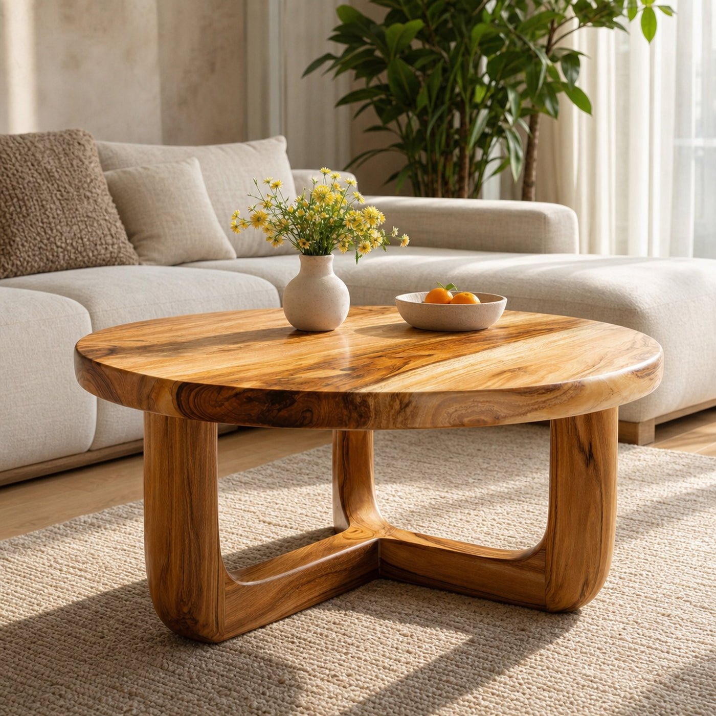 Split Base Solid Wood Coffee Table Organic Modern Living Room Interior