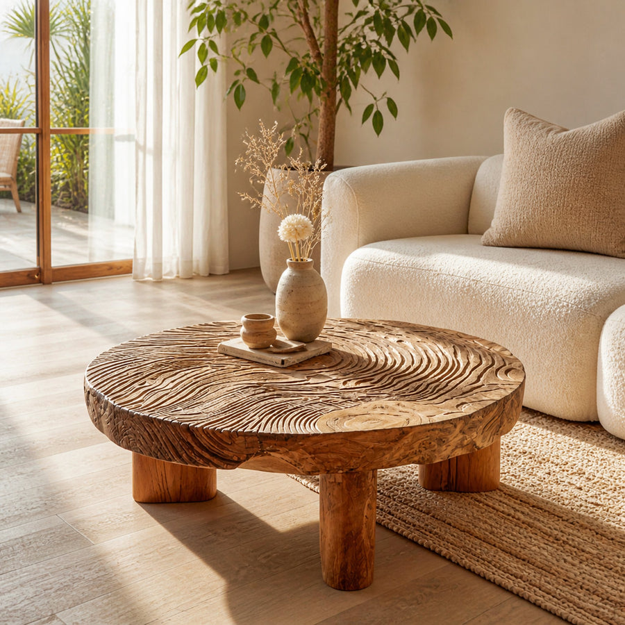 Textured Solid Wood Coffee Table Living Room
