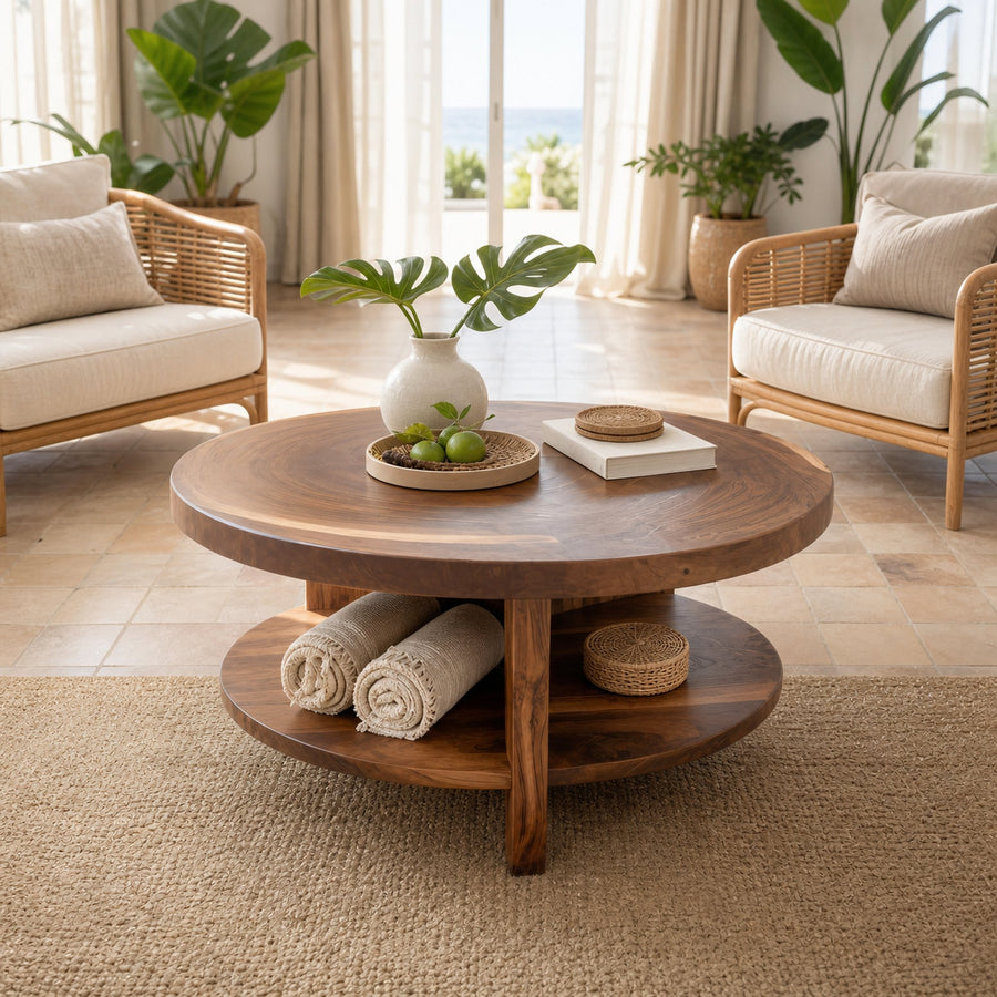 Tropical Round Coffee Table With Shelf For Coastal Living Room And Lounge