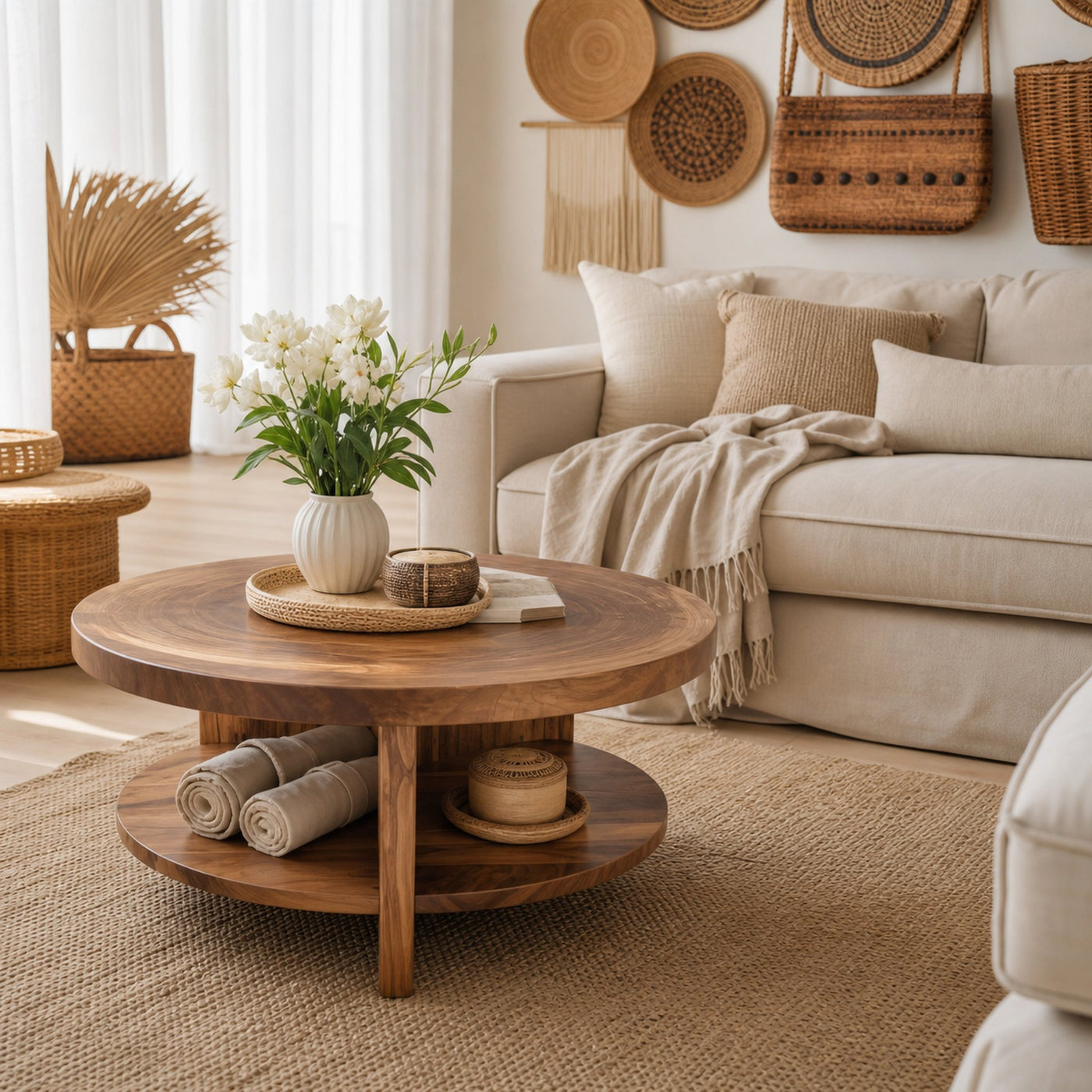 Tropical Round Coffee Table With Shelf For Coastal Living Room And Lounge - product view 2