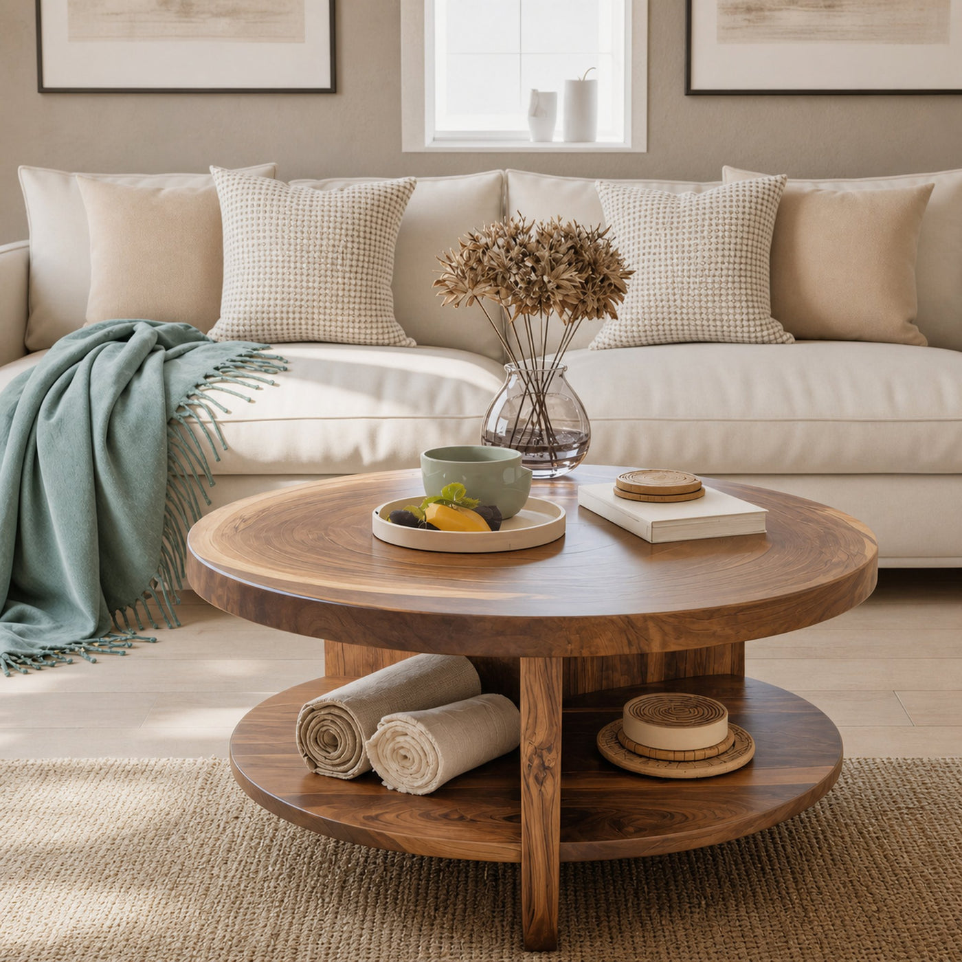 Tropical Round Coffee Table With Shelf For Coastal Living Room And Lounge - product view 3