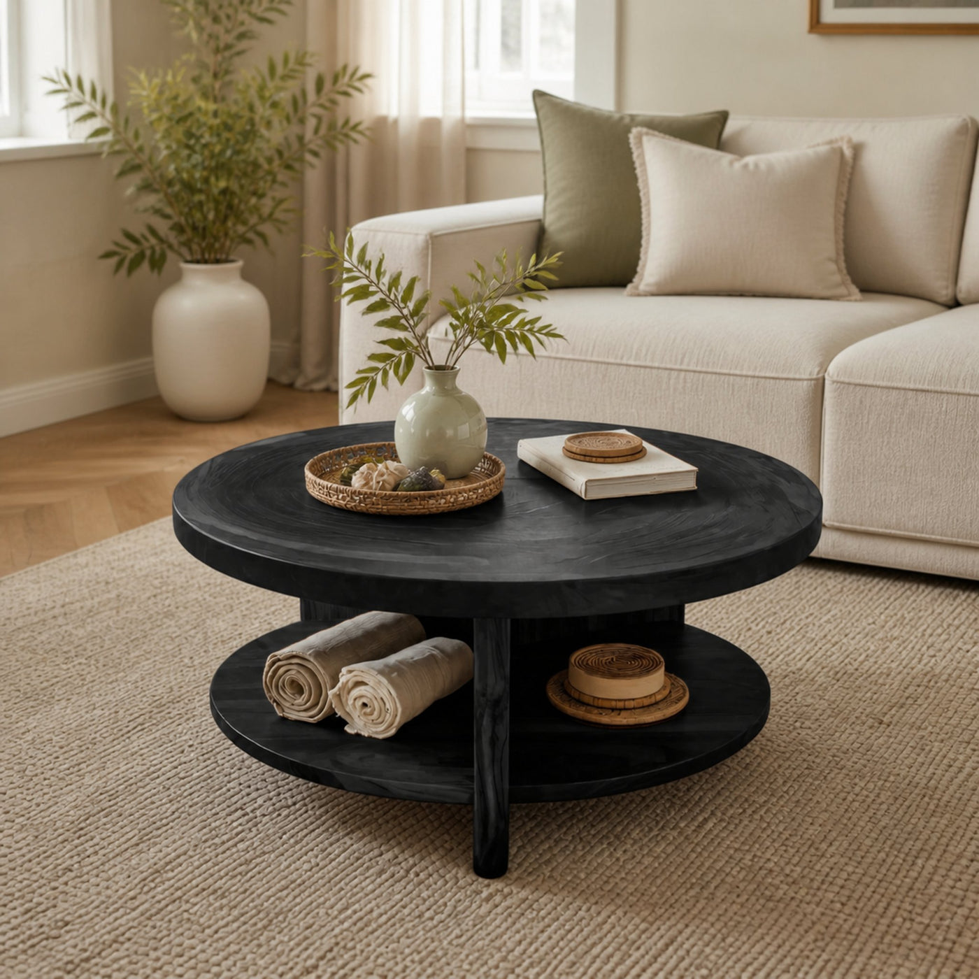 Tropical Round Coffee Table With Shelf For Coastal Living Room And Lounge - product view 4