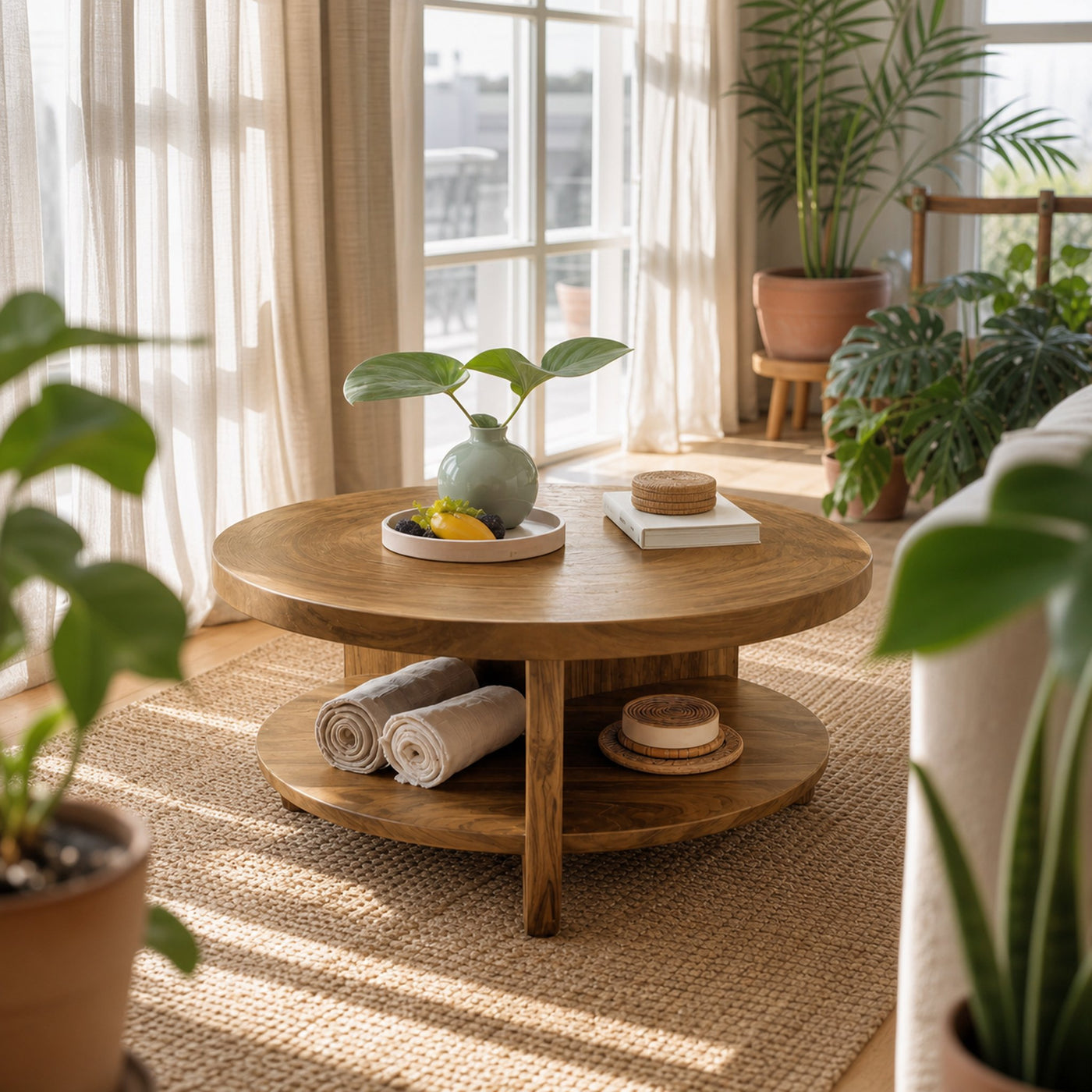 Tropical Round Coffee Table With Shelf For Coastal Living Room And Lounge - product view 5
