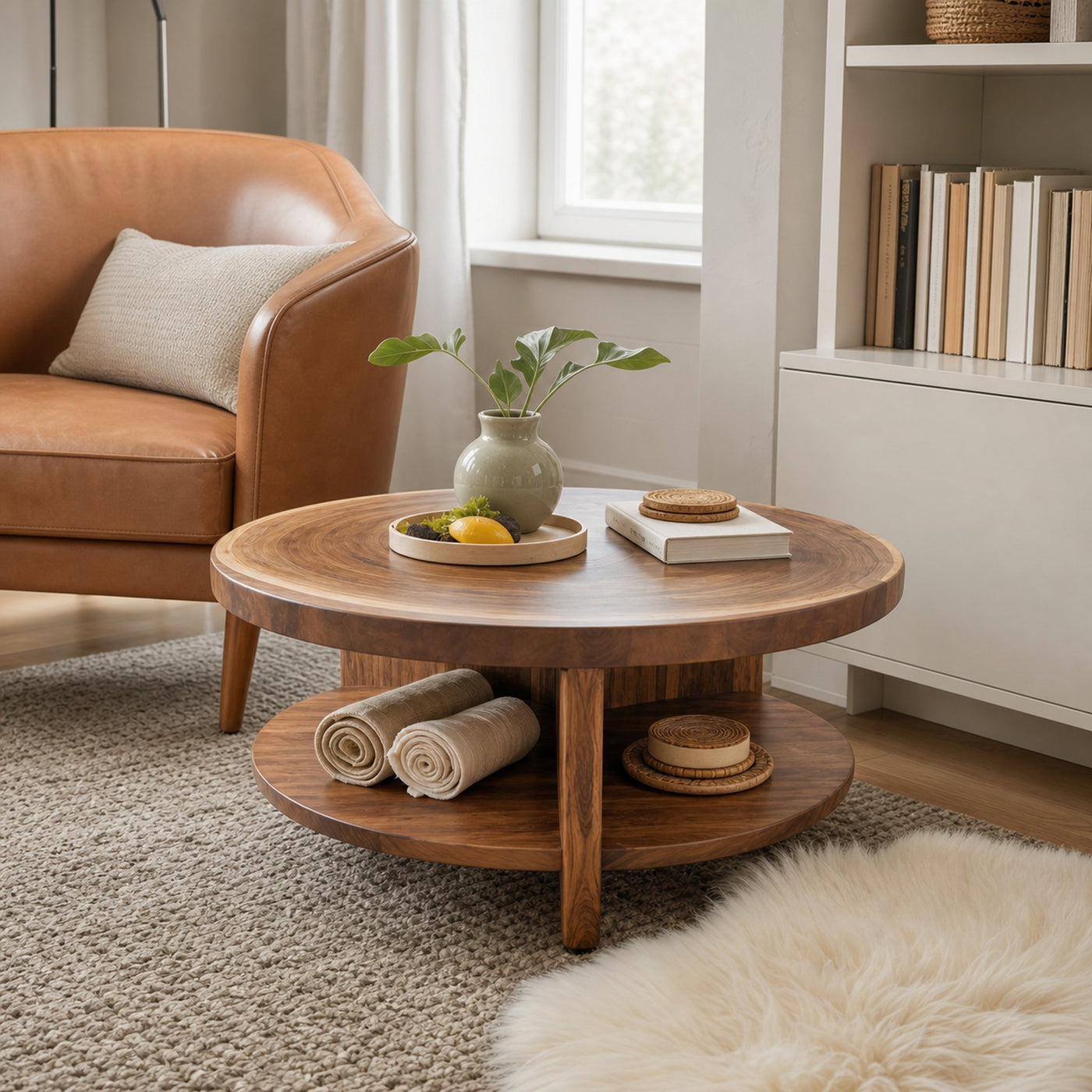 Tropical Round Coffee Table With Shelf For Coastal Living Room And Lounge - product view 6