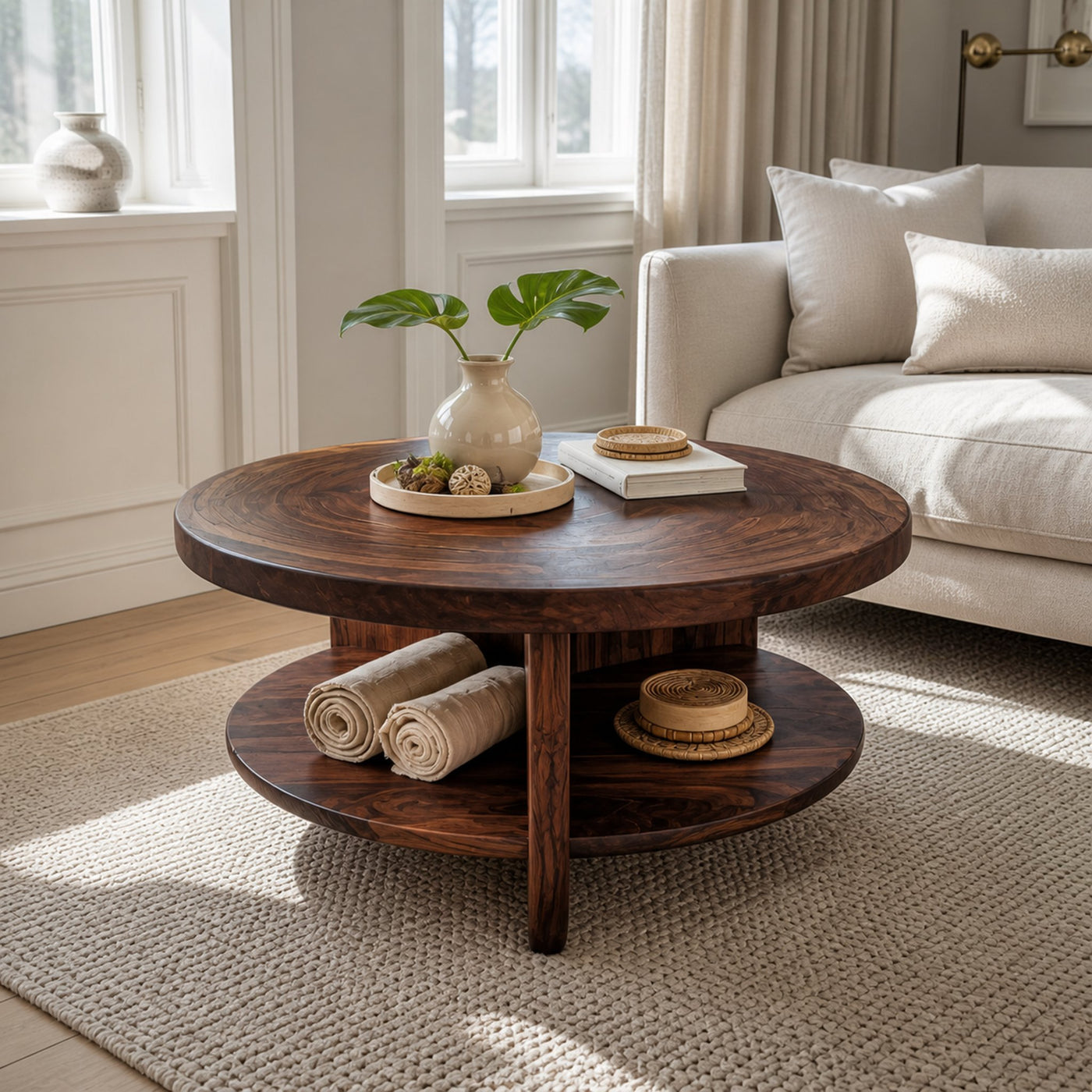 Tropical Round Coffee Table With Shelf For Coastal Living Room And Lounge - product view 7