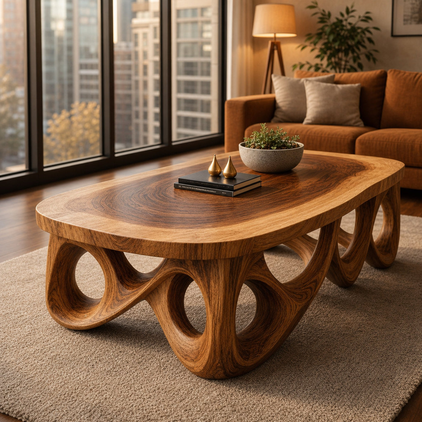 Urban Sculpted Solid Wood Coffee Table Flowing Arch Base Modern Living Room Interior