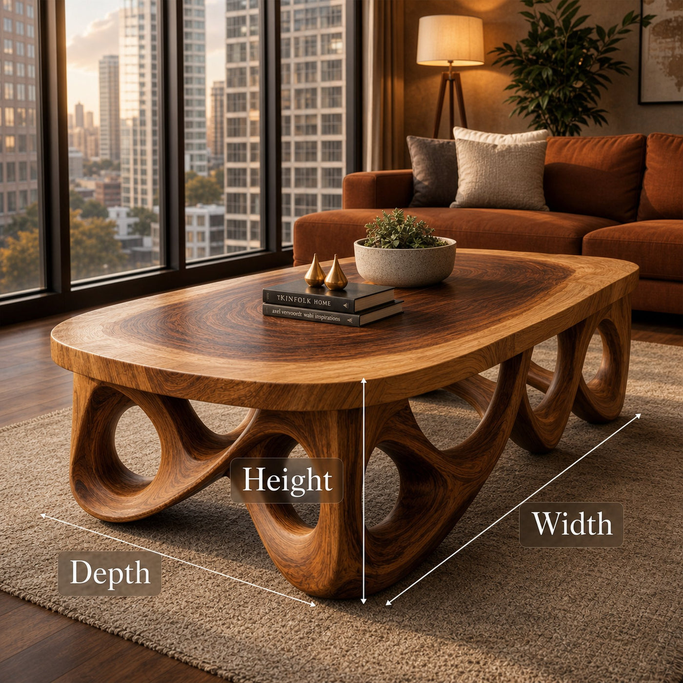 Urban Sculpted Solid Wood Coffee Table Flowing Arch Base Modern Living Room Interior - product view 6