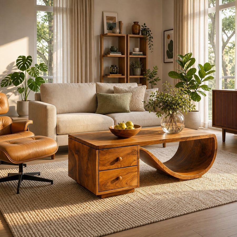 Wood Coffee Table With Unique Curved Base And Drawer For Home