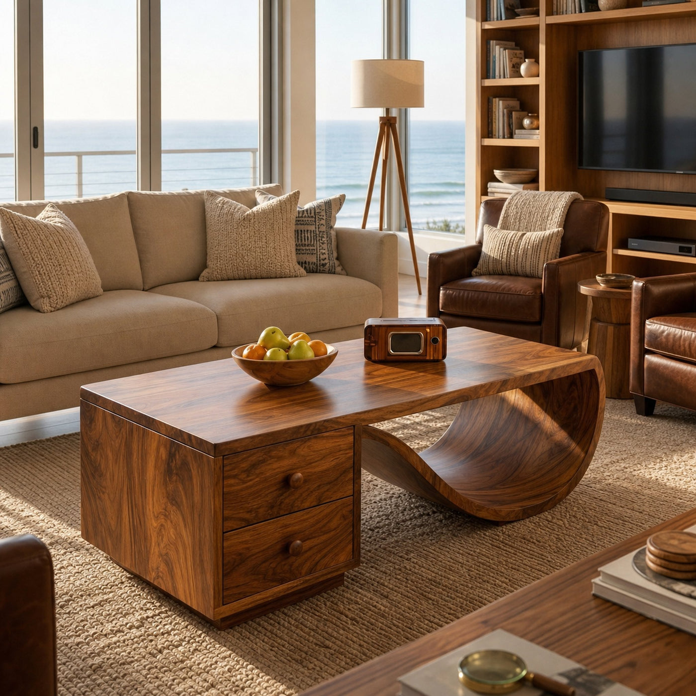 Wood Coffee Table With Unique Curved Base And Drawer For Home - product view 6