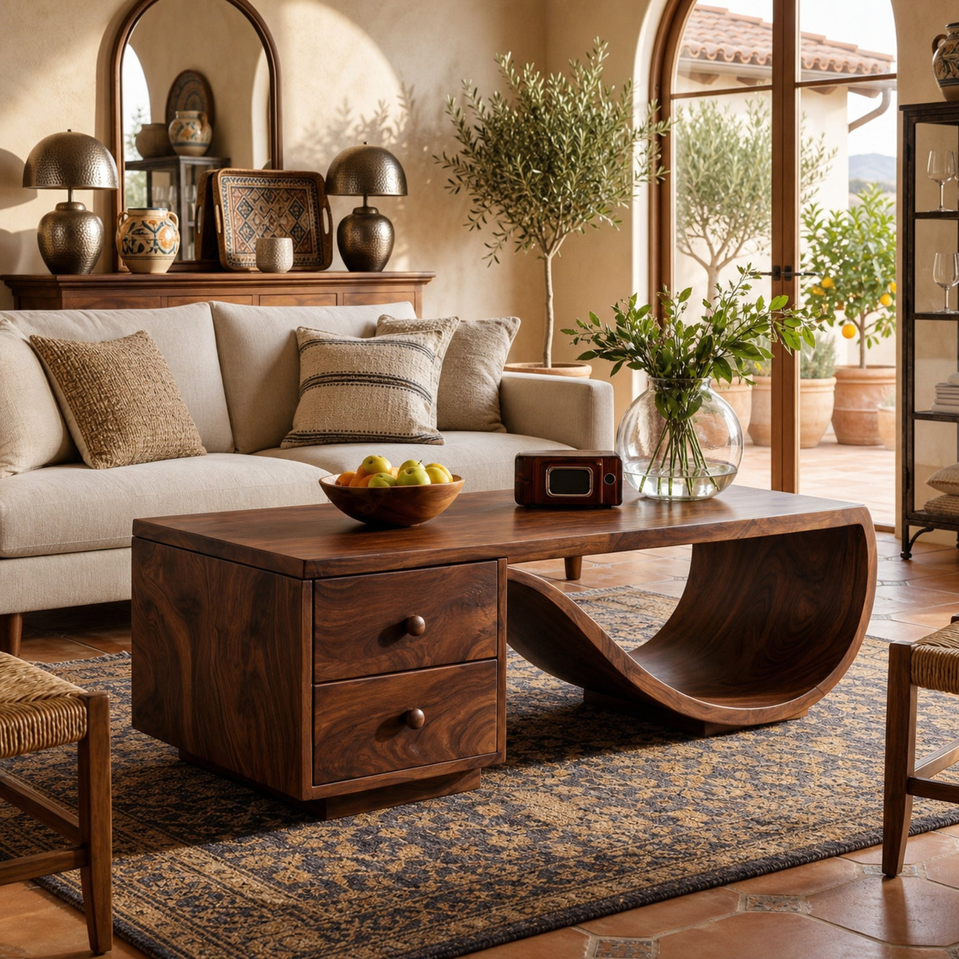 Wood Coffee Table With Unique Curved Base And Drawer For Home - product view 7