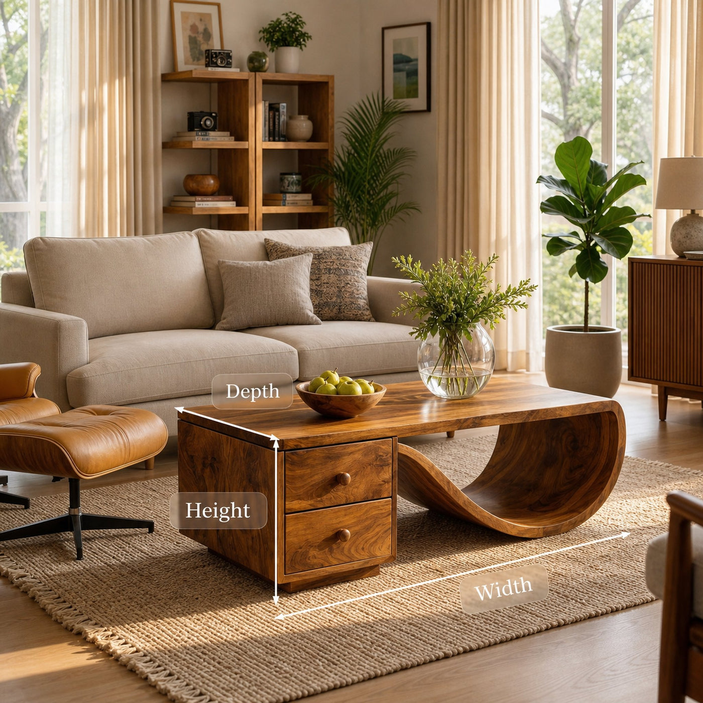 Wood Coffee Table With Unique Curved Base And Drawer For Home - product view 8