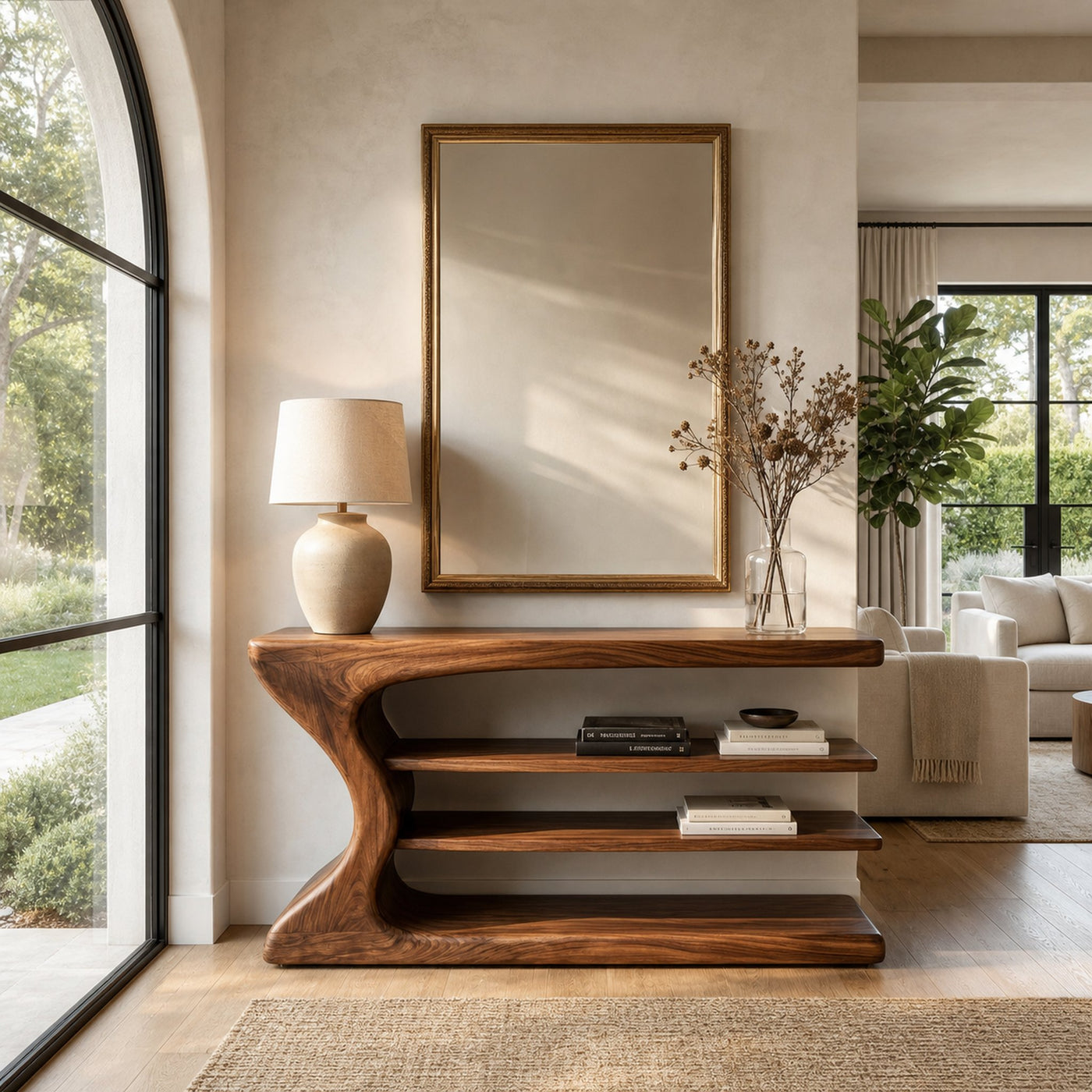 Artistic Natural Wood Console Table For Minimal Entry Interior