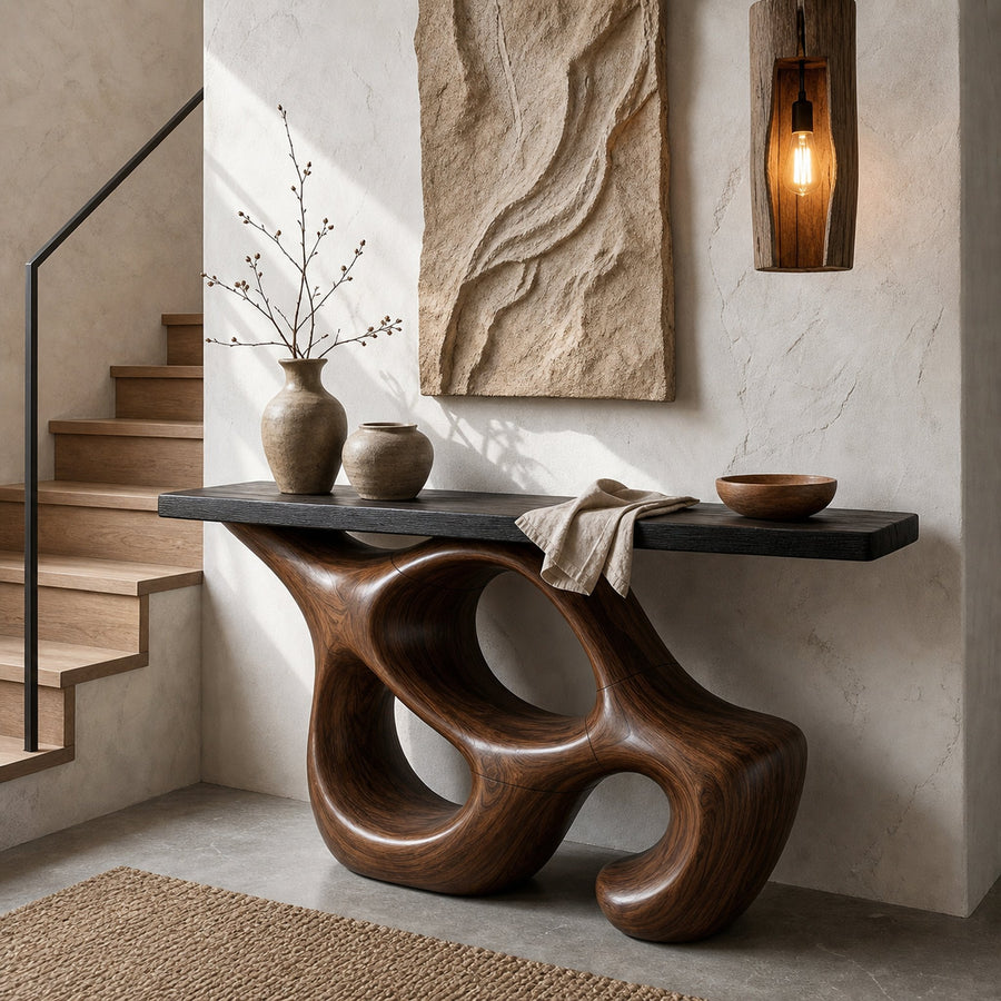 Artistic Sculptural Console Table With Abstract Hollow Wood Base For Living Room