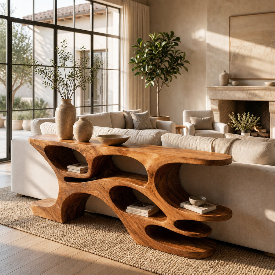 Artistic Wooden Console Table With Cutout Shelves For Home Decor