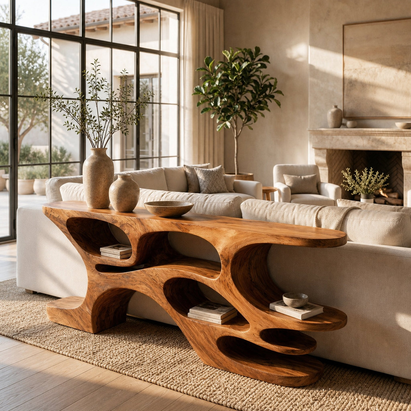 Artistic Wooden Console Table With Cutout Shelves For Home Decor