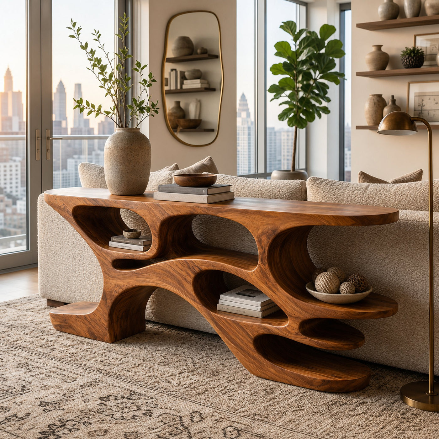 Artistic Wooden Console Table With Cutout Shelves For Home Decor - product view 6