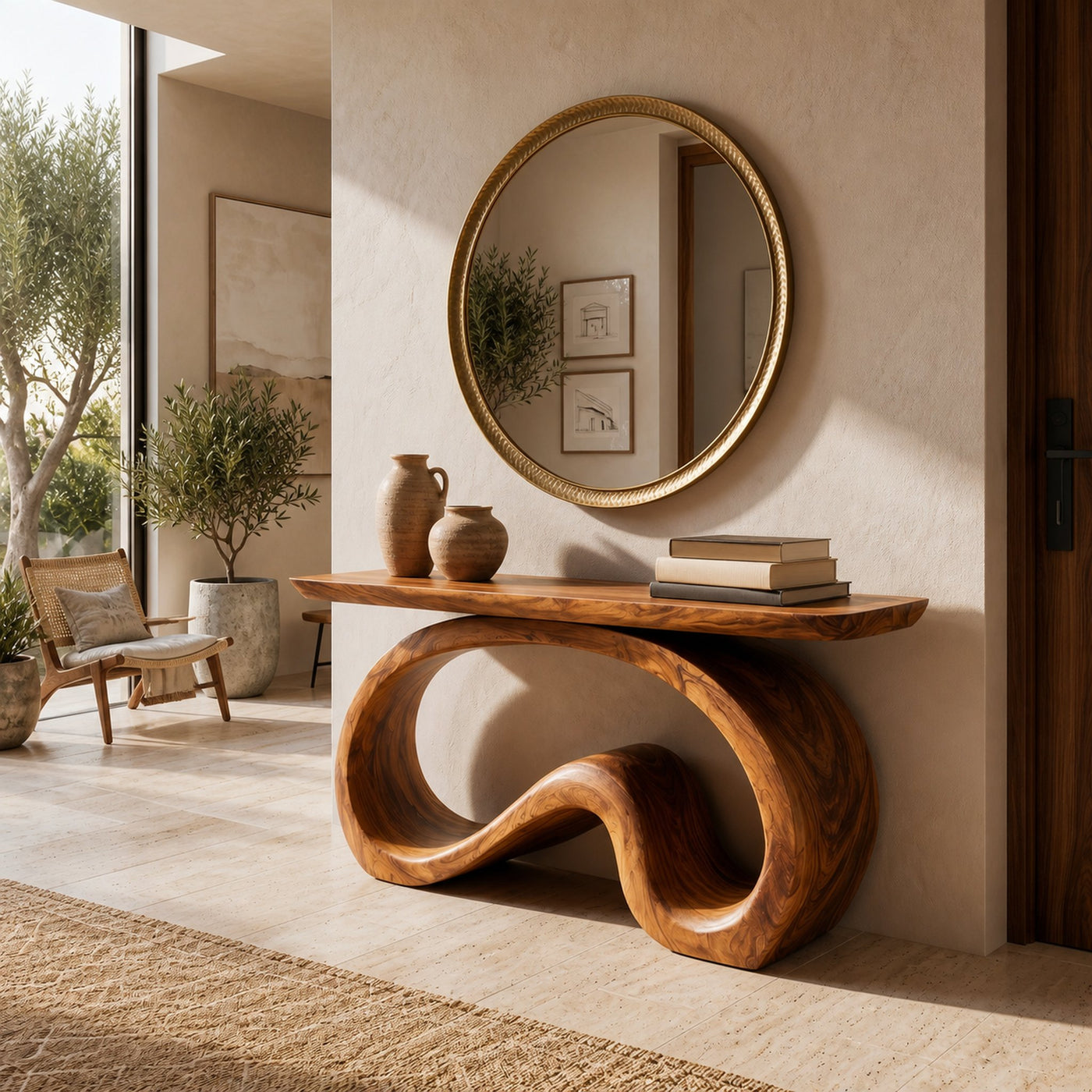 Artistic Wooden Console Table With Flowing Wood Base For Living