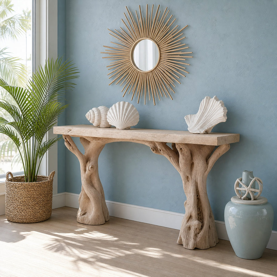 Beach Inspired Wooden Console Table Handcrafted Tree Form Design