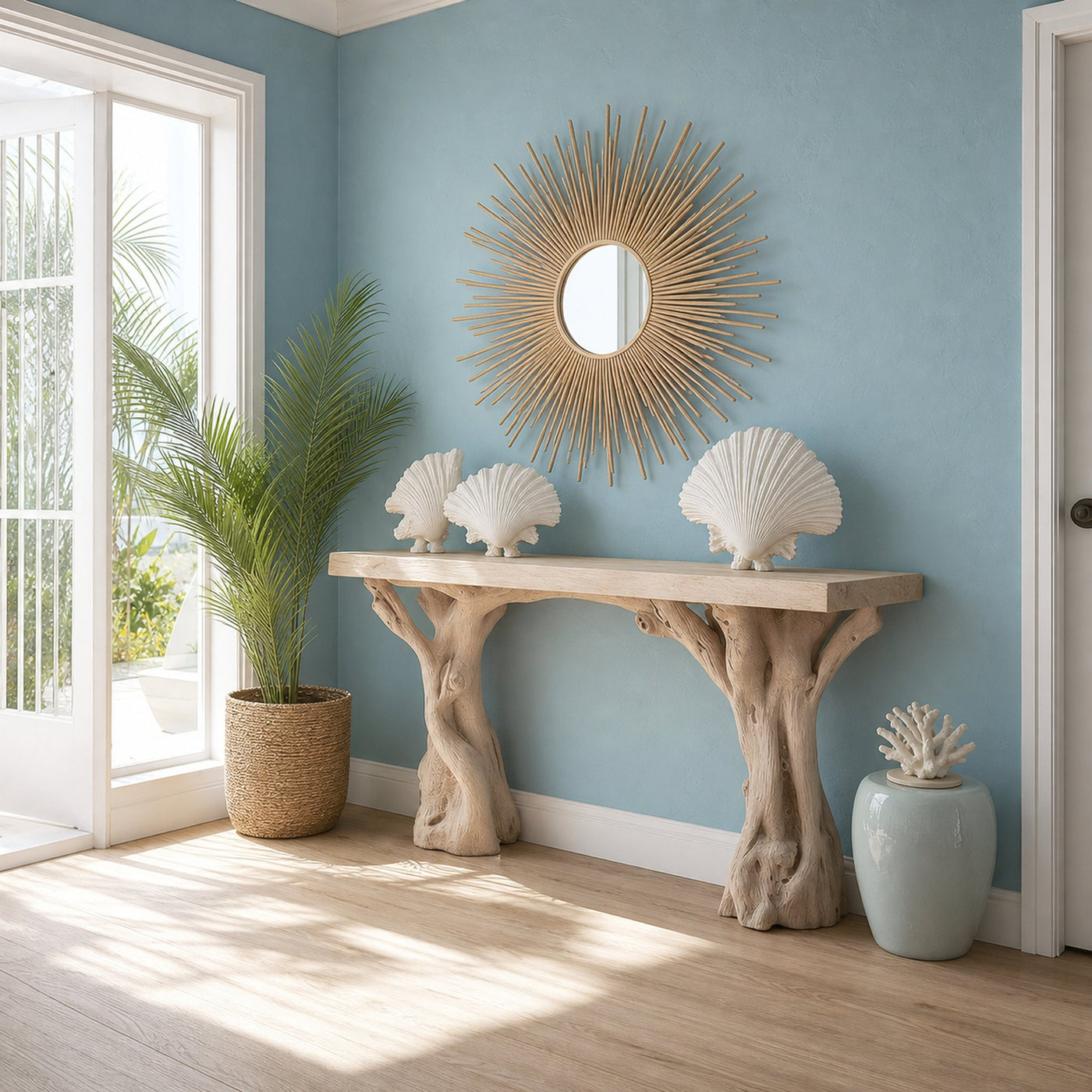 Beach Inspired Wooden Console Table Handcrafted Tree Form Design - product view 2