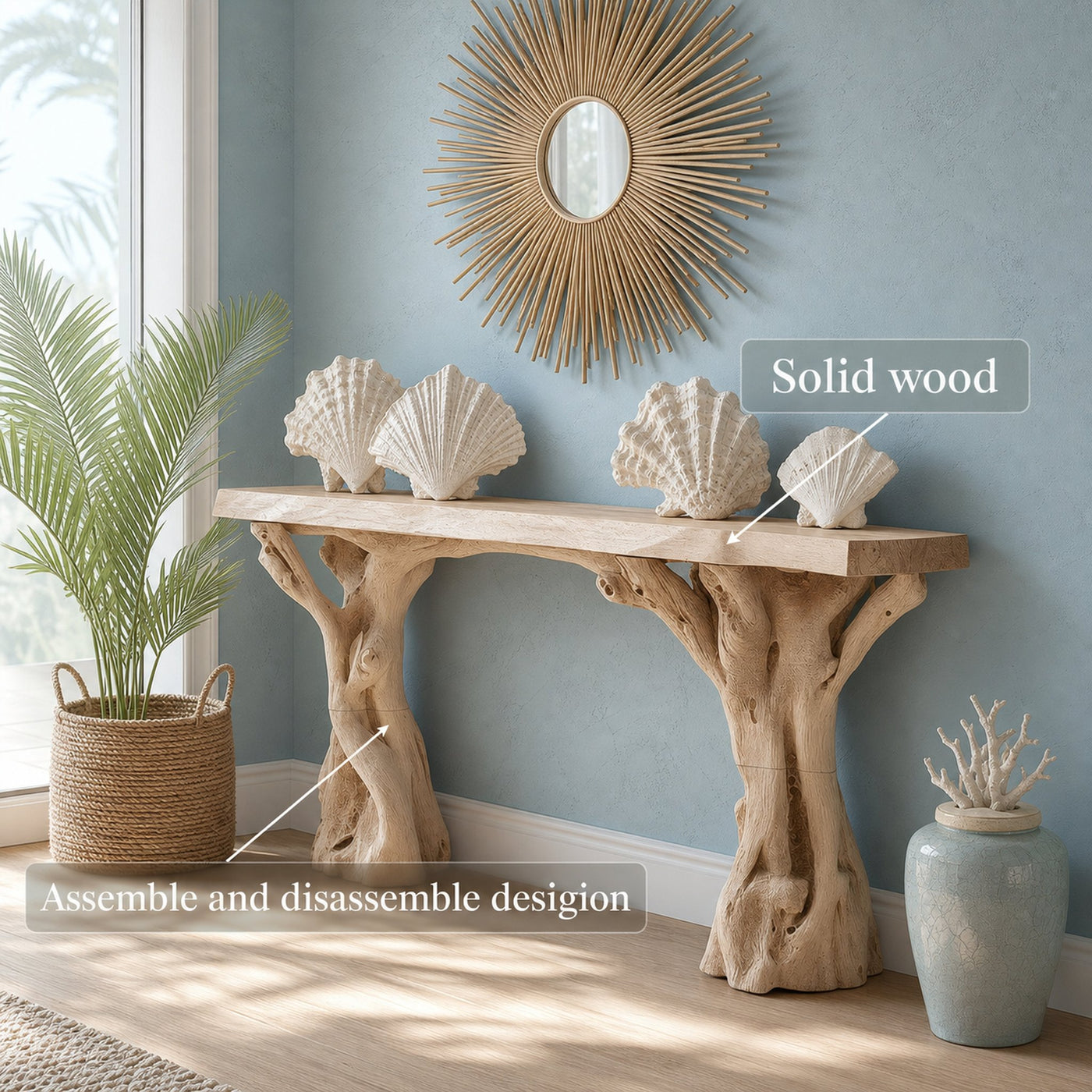 Beach Inspired Wooden Console Table Handcrafted Tree Form Design - product view 3