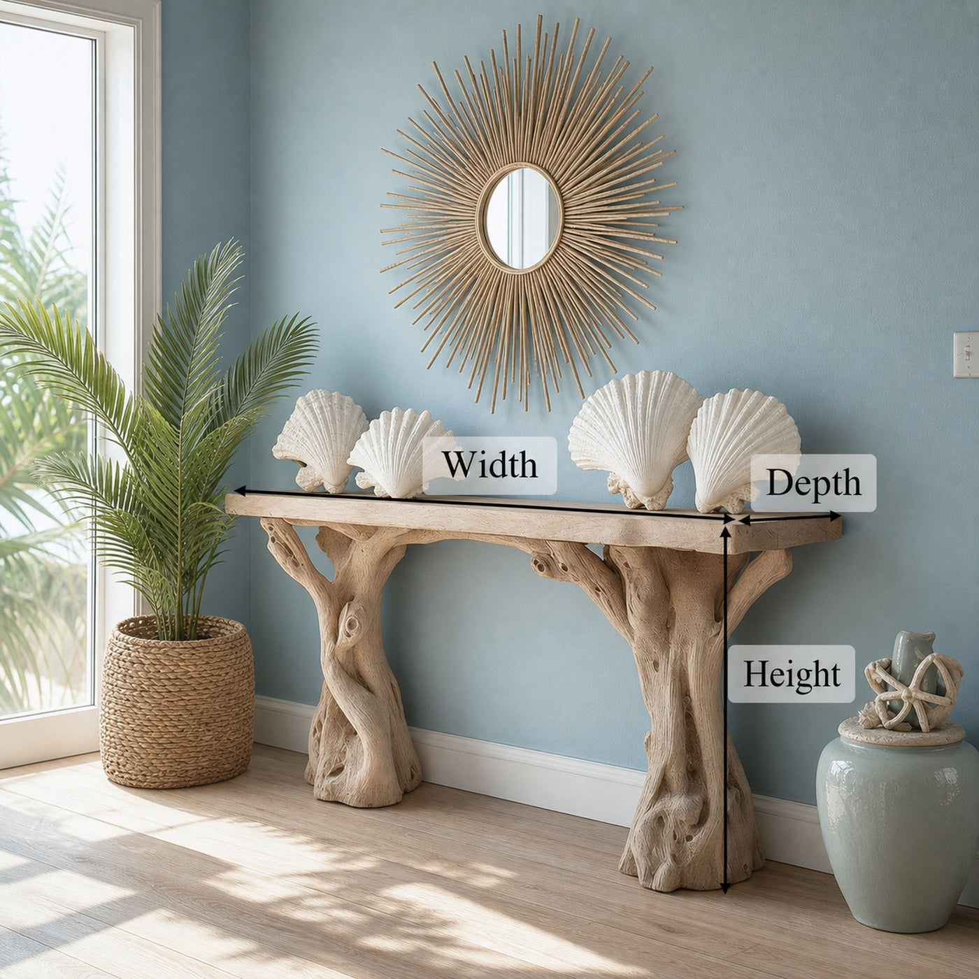Beach Inspired Wooden Console Table Handcrafted Tree Form Design - product view 4