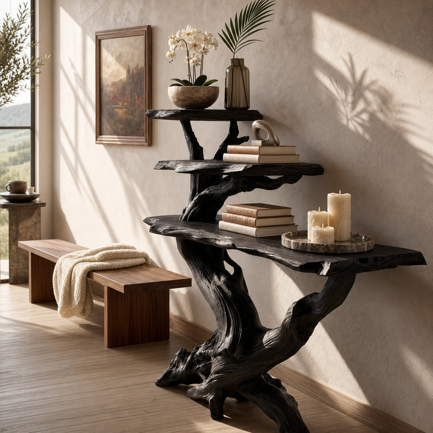 Cabin Black Driftwood Console Shelf For Stone Fireplace Room