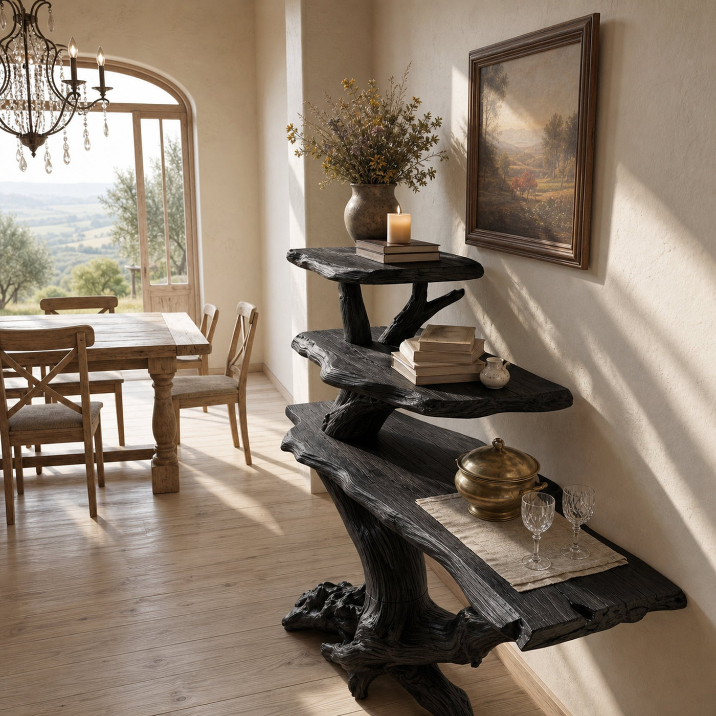 Cabin Black Driftwood Console Shelf For Stone Fireplace Room - product view 2