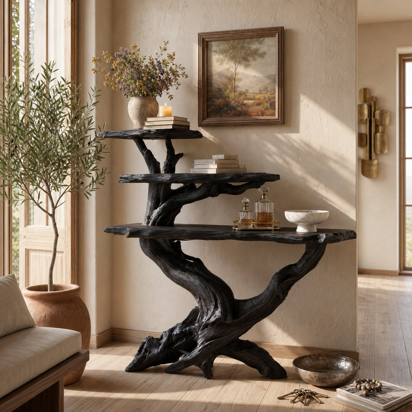 Cabin Black Driftwood Console Shelf For Stone Fireplace Room - product view 4