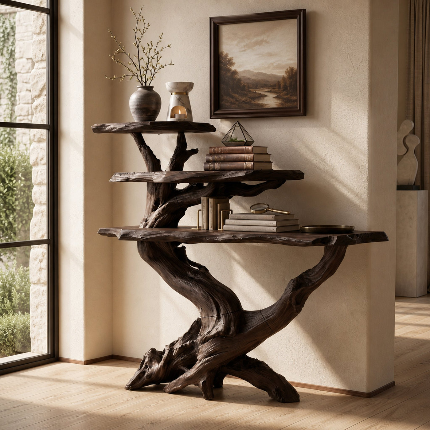 Cabin Black Driftwood Console Shelf For Stone Fireplace Room - product view 7