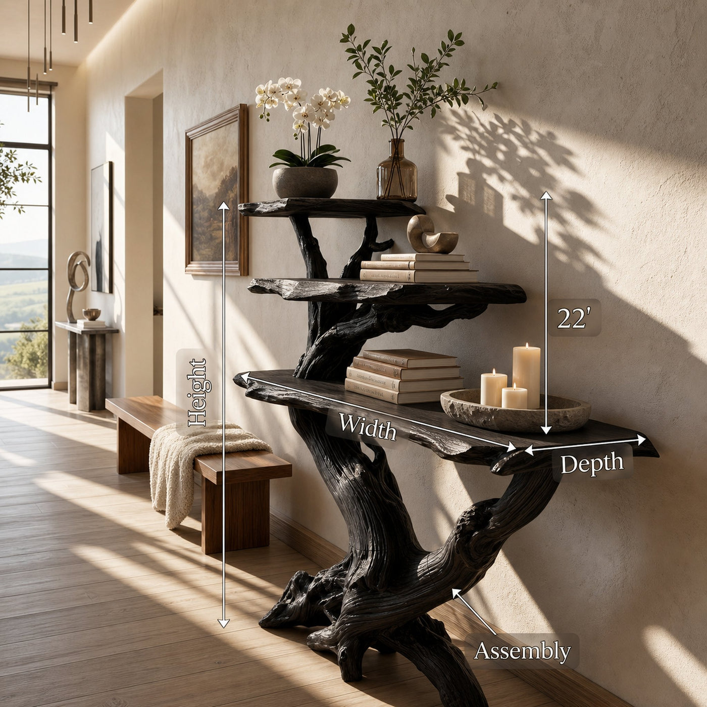 Cabin Black Driftwood Console Shelf For Stone Fireplace Room - product view 8