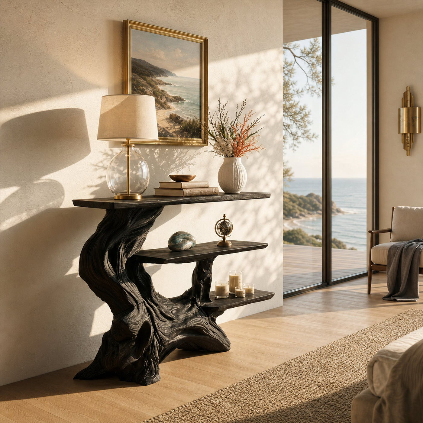 Coastal Charred Wood Console Shelf For Bedroom Styling