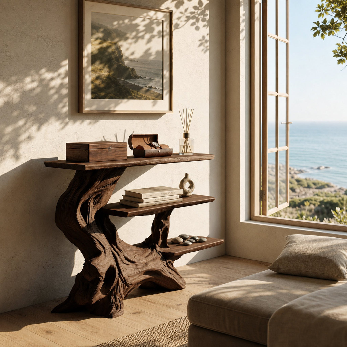 Coastal Charred Wood Console Shelf For Bedroom Styling - product view 7