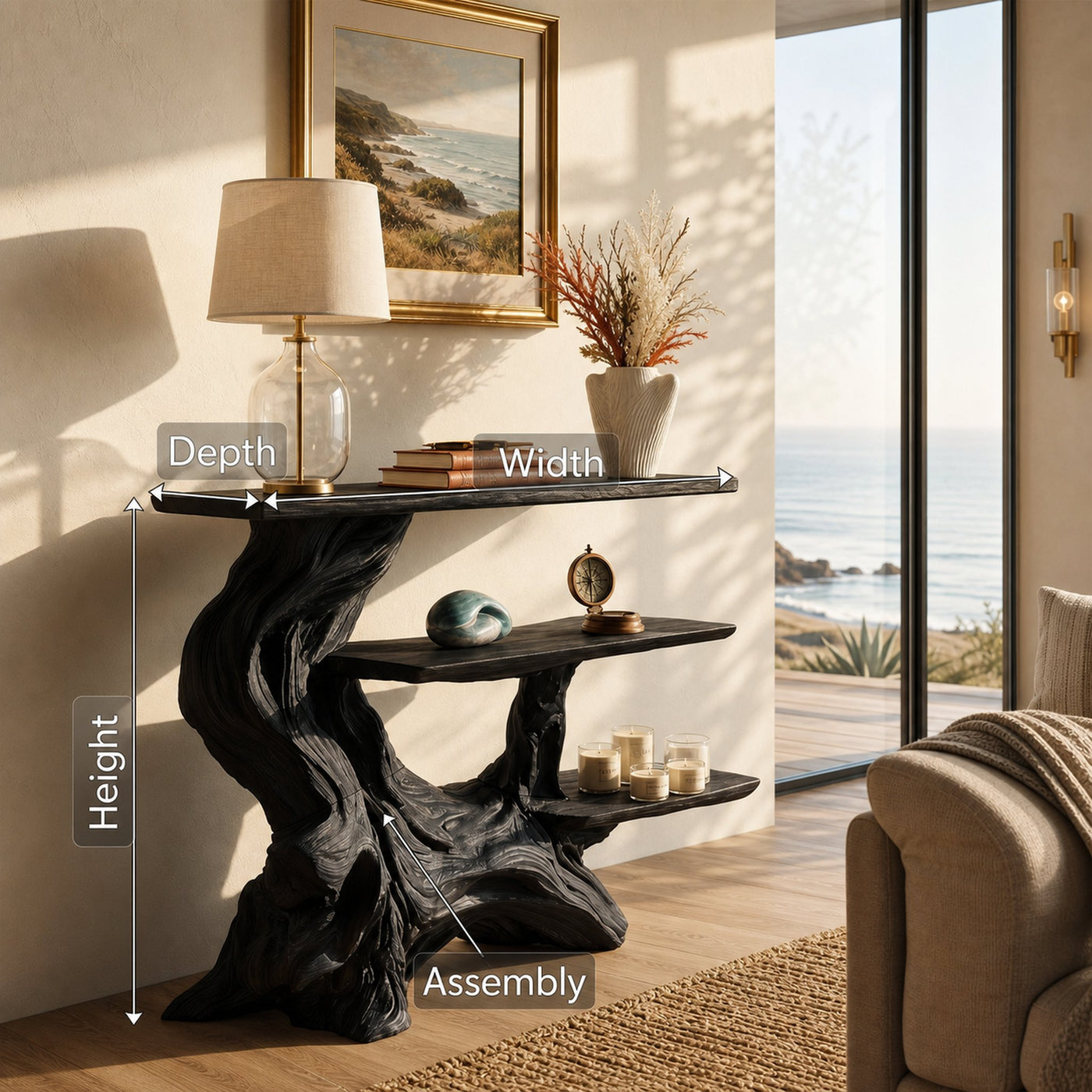 Coastal Charred Wood Console Shelf For Bedroom Styling - product view 8