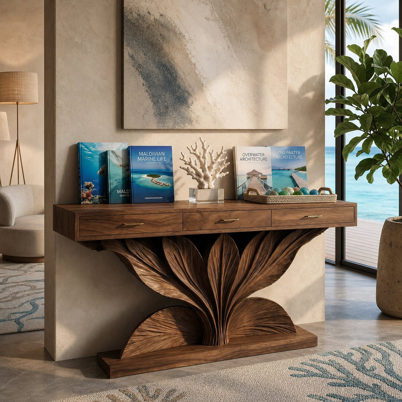 Coastal Leaf Base Console Table Luxury Entryway