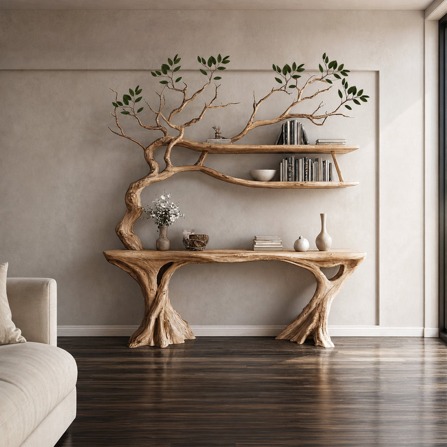 Console Narrow Table With Tree Branch Bookshelf