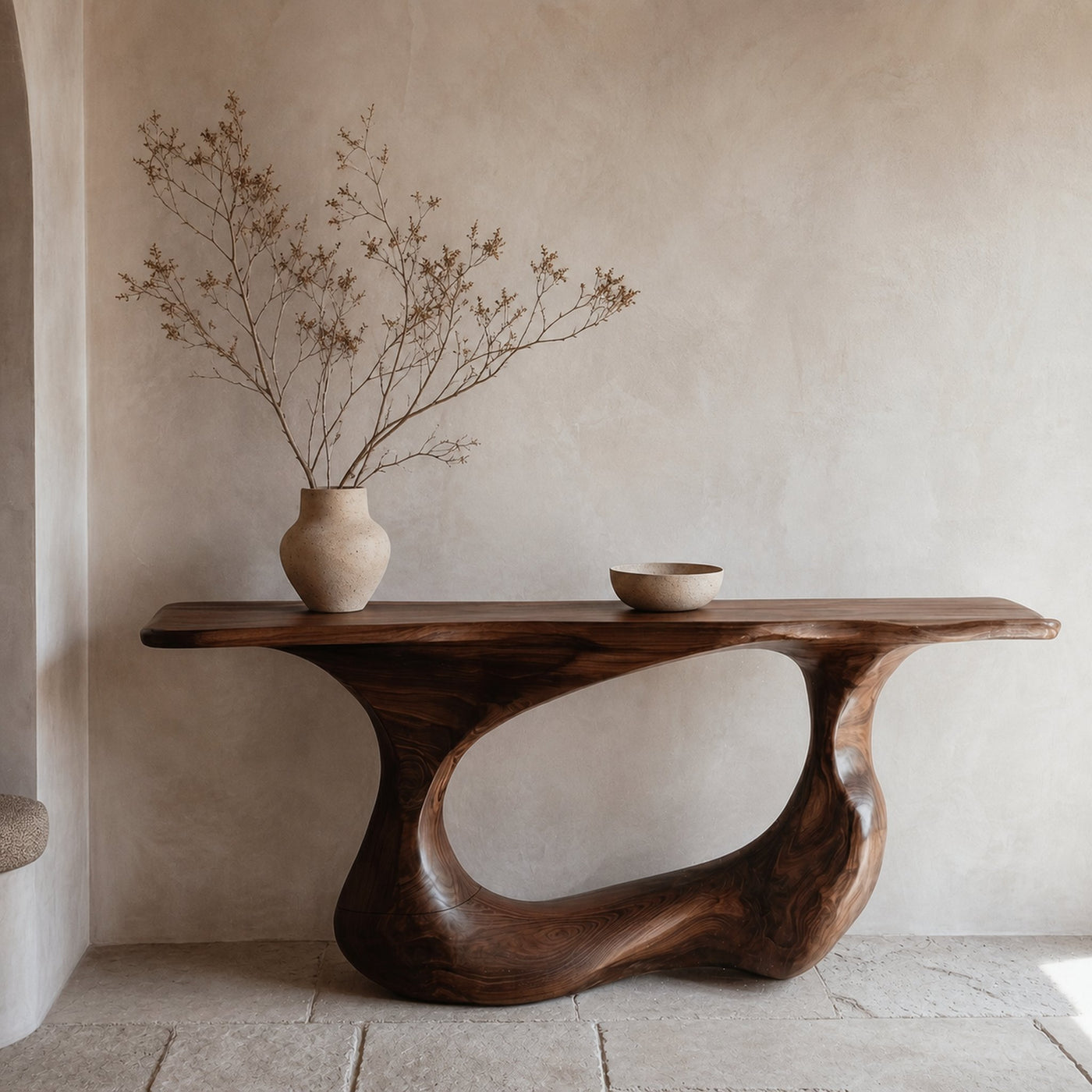 Contemporary Console Table With Artistic Open Loop Solid Wood Base For Living Room