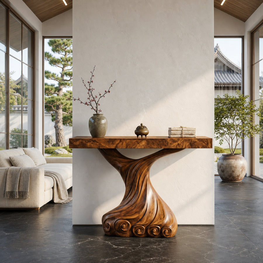 Contemporary Console Table With Carved Twist Form For Hallway