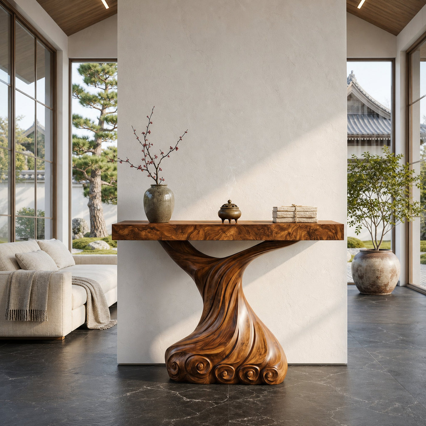 Contemporary Console Table With Carved Twist Form For Hallway