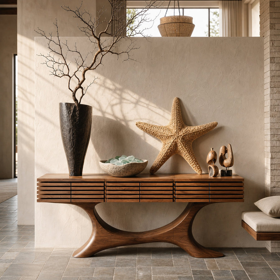Contemporary Console Table With Curved Tree Trunk Base And Built In Storage Drawers For Living Room
