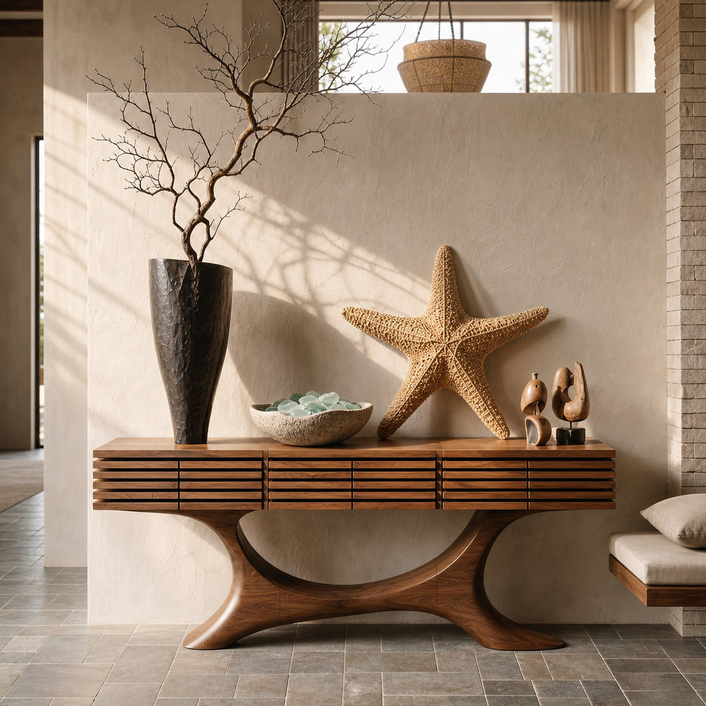 Contemporary Console Table With Curved Tree Trunk Base And Built In Storage Drawers For Living Room