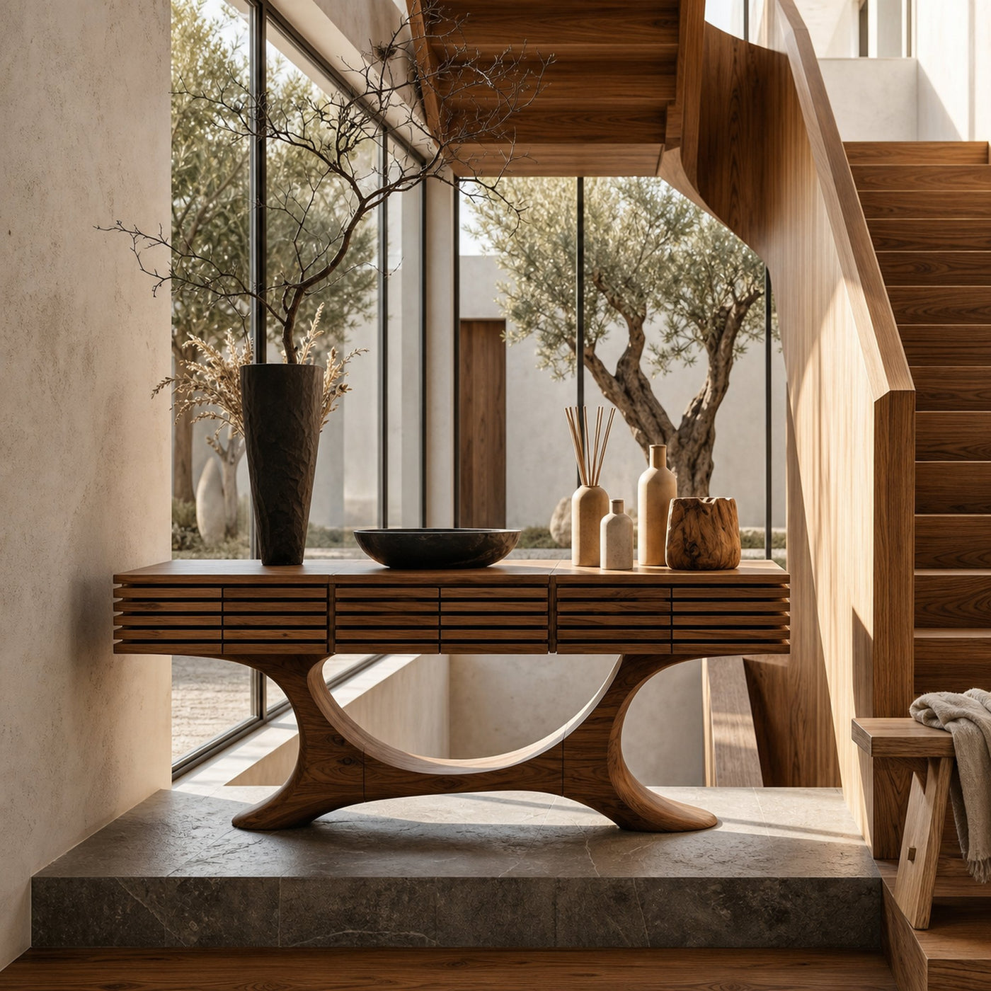 Contemporary Console Table With Curved Tree Trunk Base And Built In Storage Drawers For Living Room - product view 6