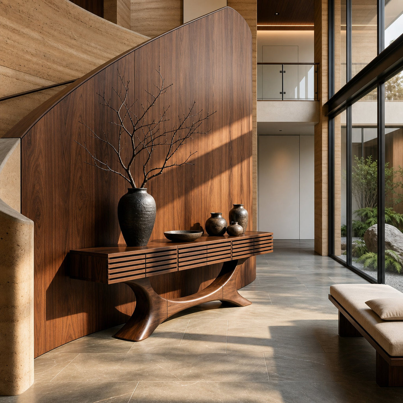 Contemporary Console Table With Curved Tree Trunk Base And Built In Storage Drawers For Living Room - product view 7