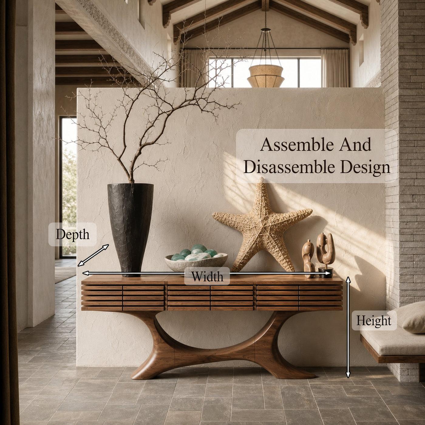 Contemporary Console Table With Curved Tree Trunk Base And Built In Storage Drawers For Living Room - product view 8