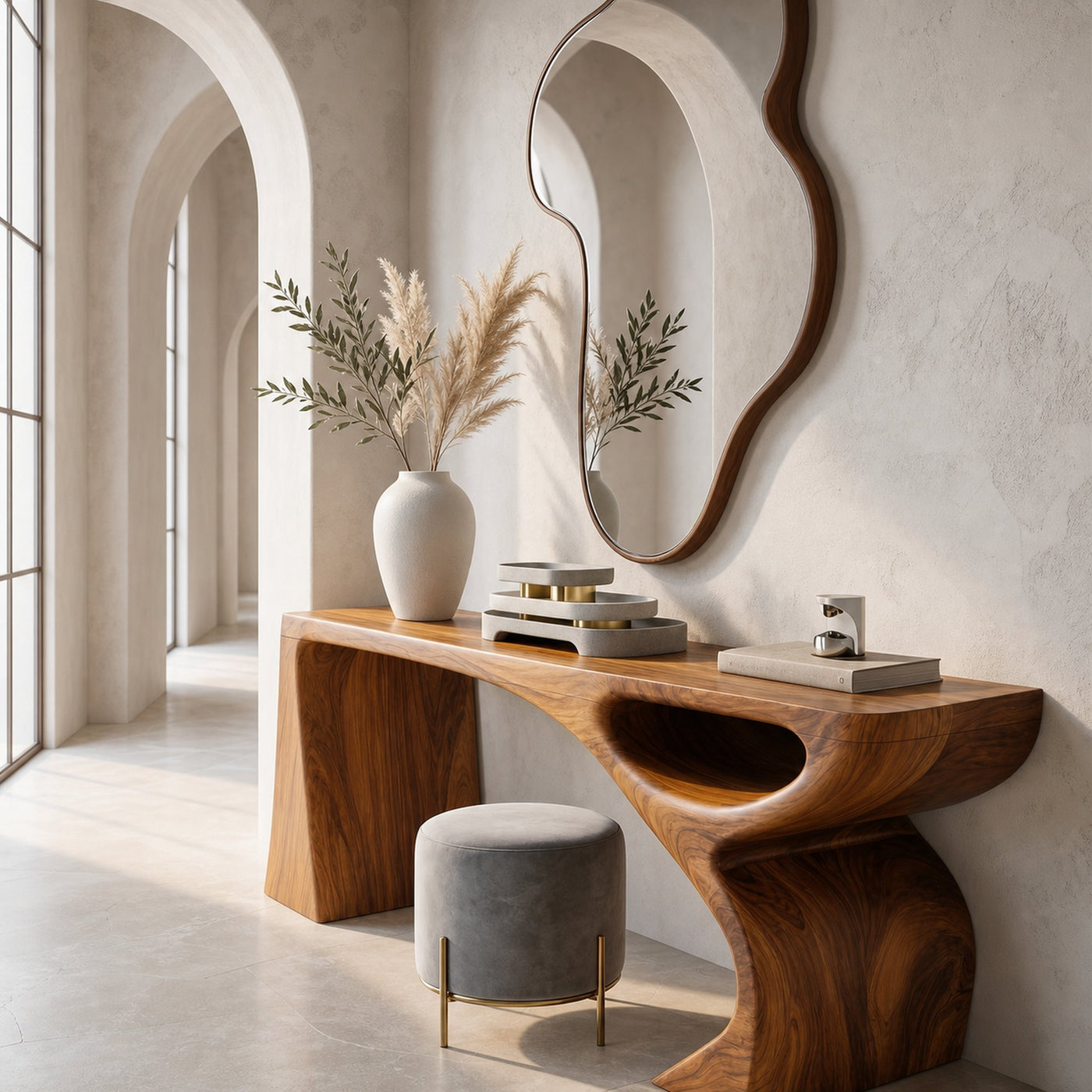 Contemporary Console Table With Fluid Open Structure For Entryway