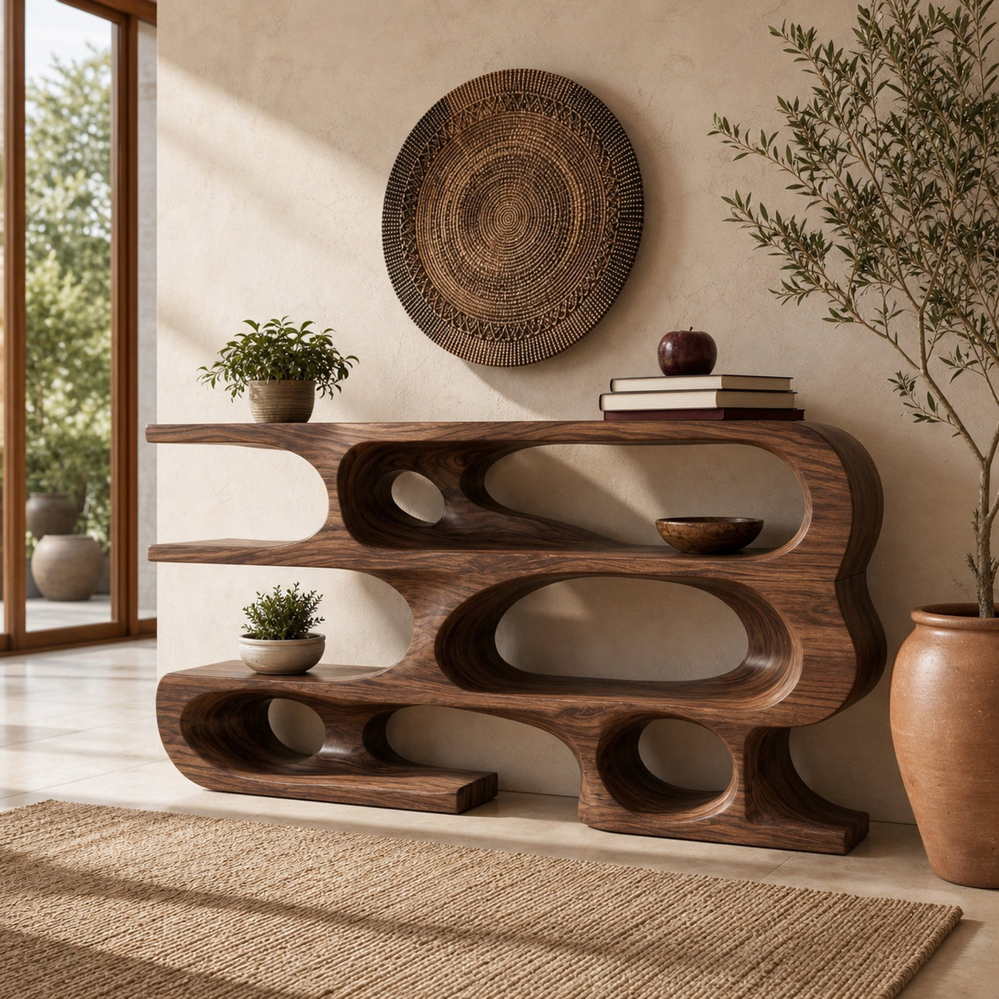 Contemporary Console Table With Multi Level Open Shelves For Living