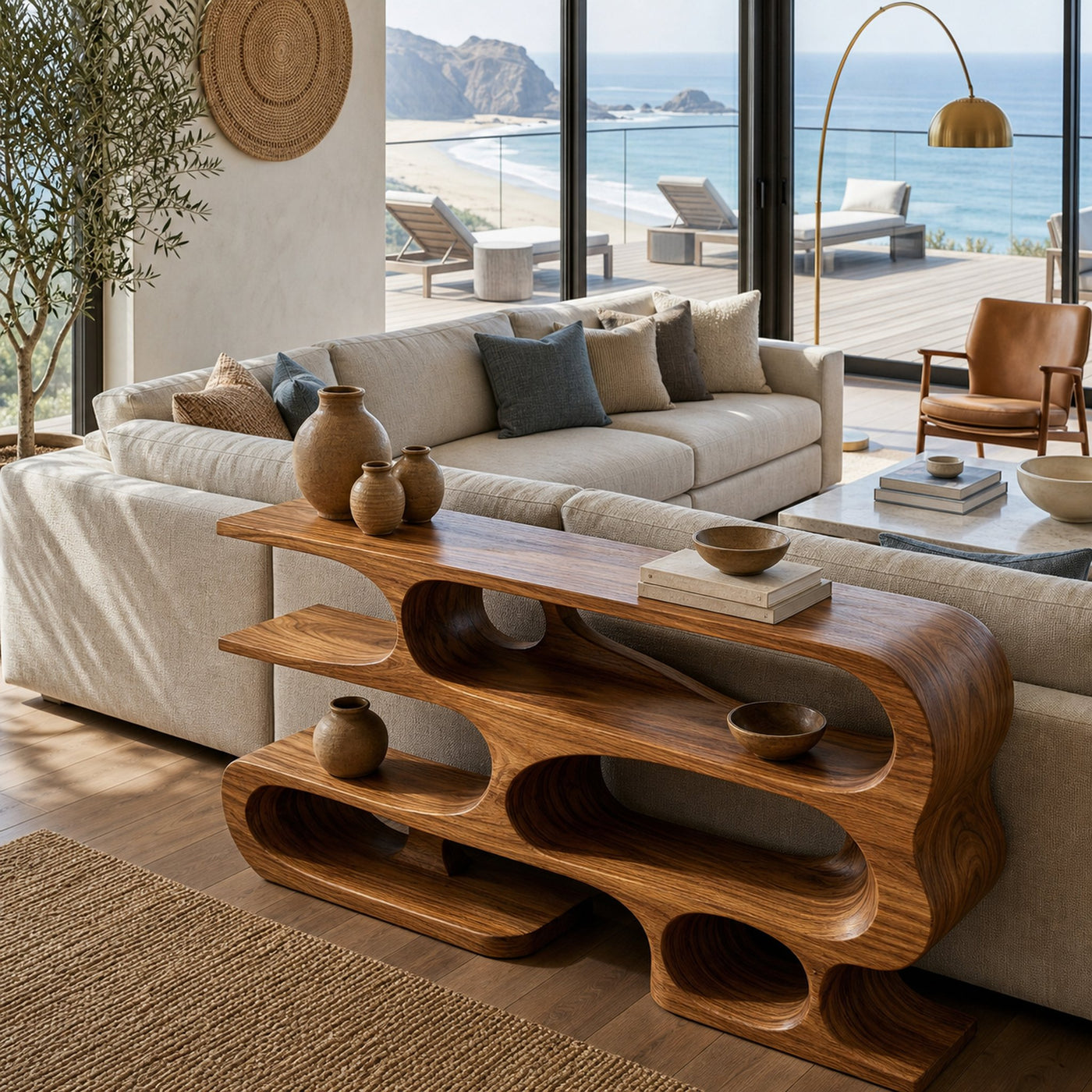 Contemporary Console Table With Multi Level Open Shelves For Living - product view 6